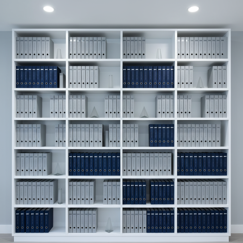 A meticulously organized white shelving unit filled with neatly stacked binders in soft gray and navy, accented by minimalist frosted glass decor pieces. The shelves are set against a satin-finished light gray wall, evoking a quiet, professional office atmosphere. Cool ambient lighting from recessed ceiling fixtures ensures no harsh shadows, creating a balanced, inviting glow throughout the scene. Captured straight-on at eye level for a sense of order and symmetry, this image uses a sharp focus and clean lines to emphasize structured organization. The mood is calm, controlled, and highly professional, with a photographic, corporate aesthetic that supports the firm’s reputation for thoroughness.