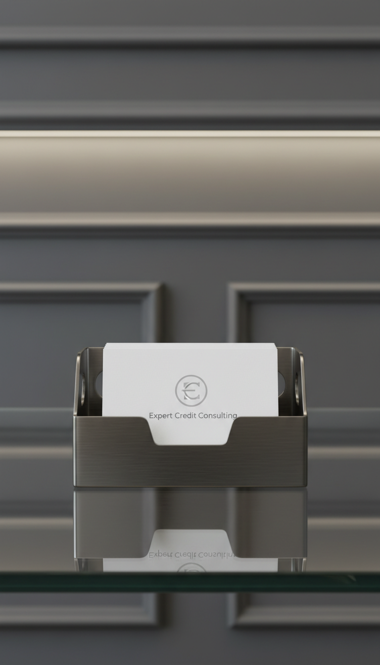 A minimalist glass desk surface featuring a metallic desktop organizer with several pristine white business cards subtly imprinted with the firm's logo and the words 'Expert Credit Consulting.' In the background, a dark charcoal wall with understated molding adds depth without distraction. Soft, indirect ambient lighting bathes the scene in consistent, neutral light, allowing every element’s texture and clean lines to stand out. The mood is refined and trustworthy, evoking a sense of transparency and high standards. The camera angle is at eye level and the composition is centered, keeping all elements orderly, in alignment with the site's structured, corporate style.