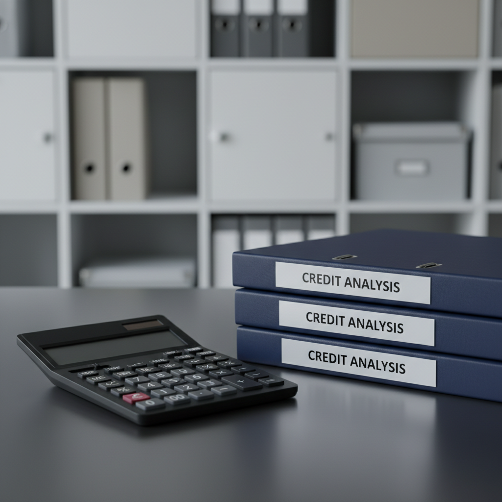 A close-up of a high-end, matte black calculator with embossed buttons, positioned beside neatly stacked navy blue folders labeled 'Credit Analysis' in clear, silver lettering. The background shows a softly blurred, structured grid of white and taupe office shelving, contributing to a sense of order and sophistication. Cool, directional overdraft lighting from the left highlights the textures of the calculator and folders, creating gentle shadows. The mood is efficient and deeply focused, embodying professionalism. Compositionally, the image utilizes the rule of thirds with the calculator foregrounded, rendered in photographic realism and neutral tones—perfect for conveying the analytical side of credit consulting.