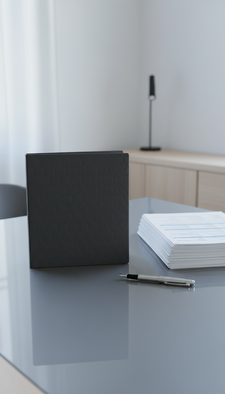 A meticulously arranged desktop workspace featuring a closed, sleek dark gray portfolio binder embossed with a subtle geometric pattern, sitting beside a stack of crisp, white financial documents and an elegant silver fountain pen. The setting is a modern office, with a matte glass surface reflecting soft neutral tones from the surrounding minimalist décor. A gentle, diffused overcast light streams in through an unseen window, casting smooth, understated shadows and highlights across the scene. The mood is calm, organized, and authoritative. Captured from a slightly elevated, centered viewpoint, the composition uses clean lines and balanced symmetry, with a sharp focus throughout. Photographic realism and a corporate, professional aesthetic support the credit consulting theme.